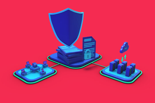 3d illustration digital protection, system privacy. Safe data. Crimes on the web or virus attacks. Protection symbol. Hacking and cloud servers concept