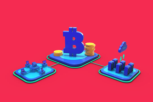 3d illustration of Connection- Bitcoin network online mining isometric concept web infographics 3d illustration. Computer and laptop and phones connected to bit coin. Collection of people
