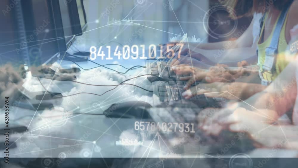 Poster animation of numbers changing and data processing over children using computers