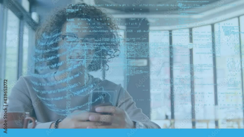 Poster animation of globe and data processing over man using smartphone