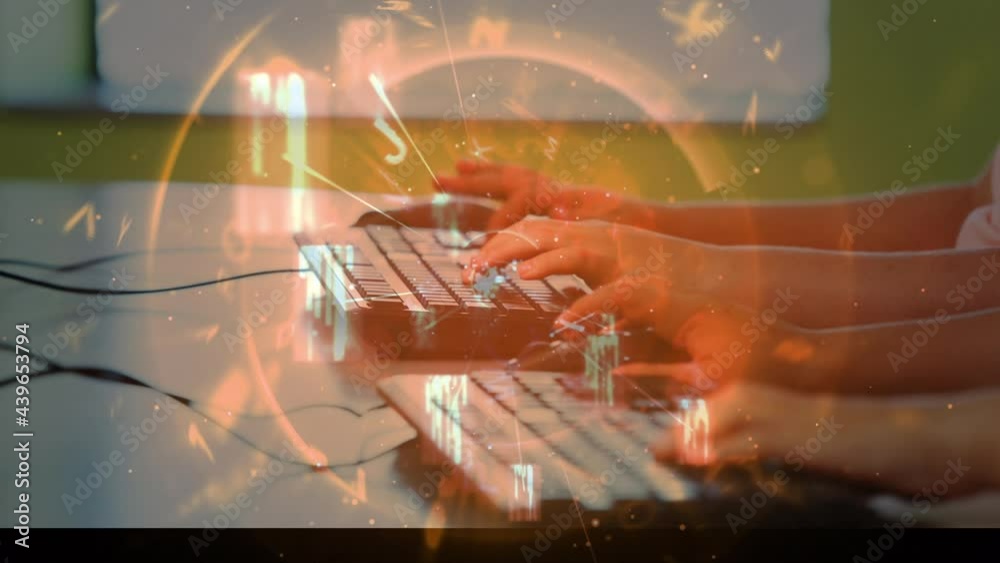 Poster animation of letters changing and data processing over children using computers