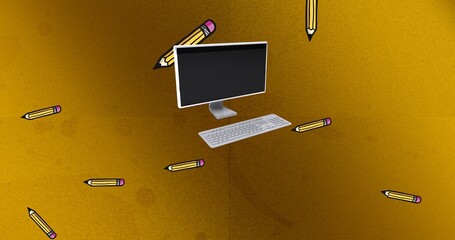 Composition of desktop computer and yellow pencils floating on gold background