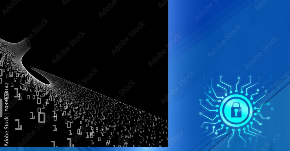Poster security padlock icon over binary coding data processing against blue technology background