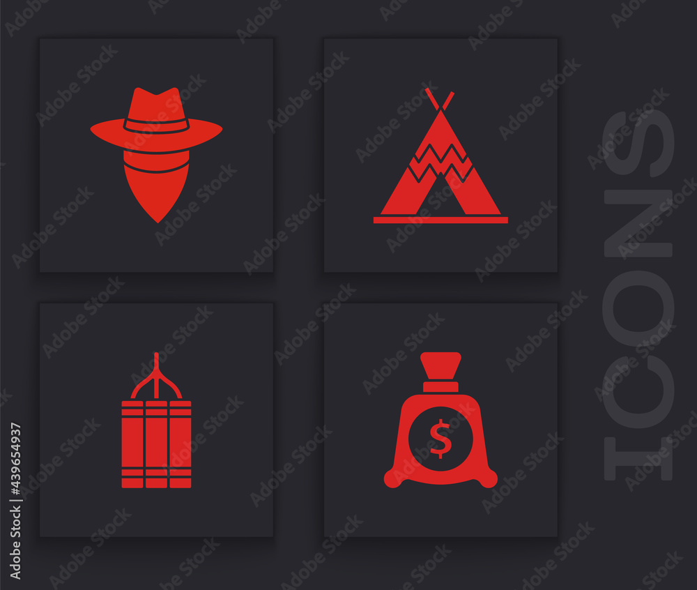 Poster set money bag, cowboy, indian teepee or wigwam and dynamite bomb icon. vector