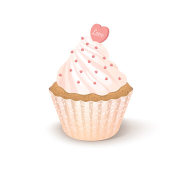 Vector illustration valentine cupcake with pink whipped cream, heart and confectionery sprinkles on white background. Isolated clipart with one sweet cake