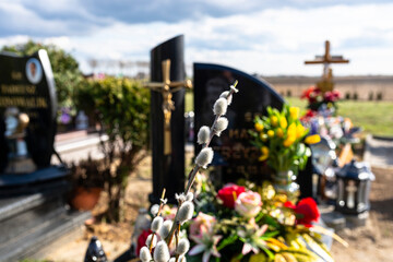 A catkin standing in front of a grave in a Christian cemetery, blurry tombstones and artificial flowers in the background.