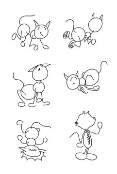 Cute sketch lines cats set, collection in different positions, poses. Cartoon comic style vector illustration.