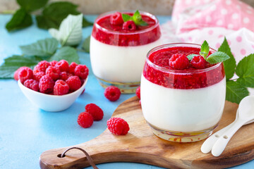 Italian dessert. Raspberry Panna cotta with raspberry jelly on a stone or concrete background, homemade cuisine.