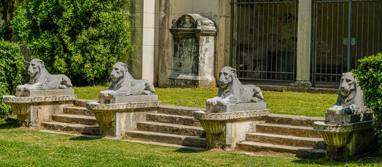 Rome, Villa Borghese gardens. Statues in the Portico of the Lions, designed by Luigi Canina and...
