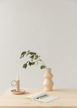 Minimal desk scene with plant and notebook