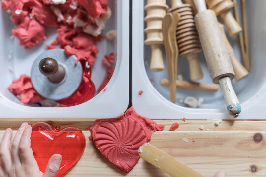 valentines day play dough table layout - during play 1