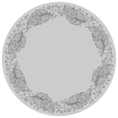 Design ornament for round product, contour feather and flowers in the style of stained glass on a light background