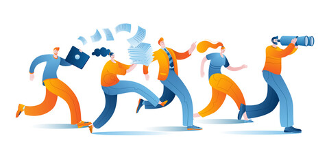 The manager with binoculars leads the department. The concept of a vector illustration in a flat style on the theme of teamwork and leadership.