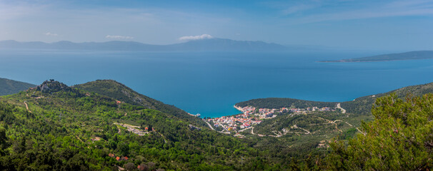 Panorama of city Drvenik, peninsula Peljesac and island Hvar in the background. South Dalmatia, Croatia.