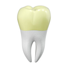 A large molar with yellow plaque on a white background. 3d rendering.