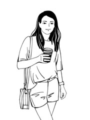 Girl drinking coffee. The girl has a watch on her hand. Line art. Hand drawn sketch. Black and white vector illustration.