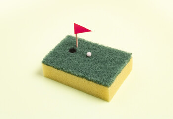 Mini golf course made of sponge, toothpick and cotton wool. Creative sport concept.