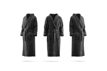 Blank black hotel bathrobe mock up, front and side view