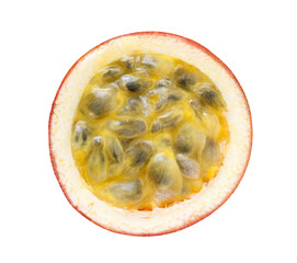 Passion fruit cut middle, top view, isolated on white background with clipping path.