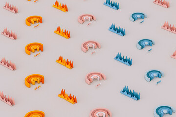 orange, pink, and blue Performance charts on grey background.