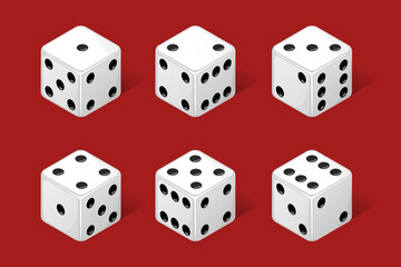 Collection of isometric cubes with different combinations. Dice from one to six. Vector illustration.