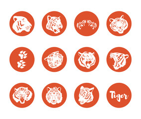International Tiger Day. Set of round vector icons, symbols of the tiger head in different poses, tiger footprints. Vector flat illustration.