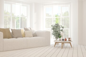 Minimalist living room in white color with sofa and summer landscape in window. Scandinavian interior design. 3D illustration