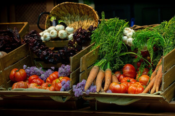 fresh organic groceries on rustic wooden table