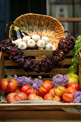fresh organic groceries on rustic wooden table