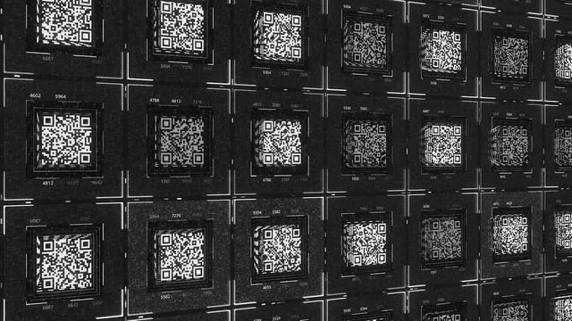 Electronic background with Qr Codes. Animation. Data base with Qr codes for information transmission of various information. Electronic storage of Qr codes