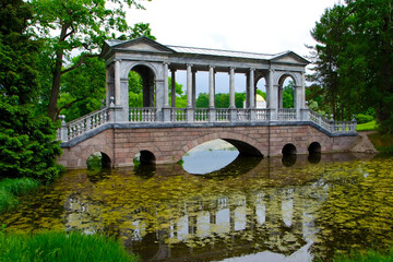Fototapeta na wymiar Saint Petersburg, Russia - June 2021: Marble bridge in Catherine park, Tsarskoe Selo (Pushkin)