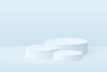 Podium scene or 3D round pillar stand scene and winner pedestal in studio on vector gray, blue or white minimal background