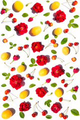 Flat lay, copy space. Trendy sunlight Summer composition with  flowers, leaves , berries sweet cherry and apricot fruit on a white background.