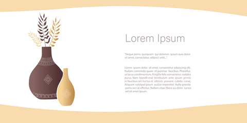 Ceramic vase and jugs, plants, abstract shapes and landscape.  Collection of contemporary art. Vector Template with copy space for invitation, cards or banner and  poster, Landing Page