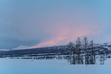Fototapeta na wymiar Landscape in the winter ski hiking in the mountains of the Urals