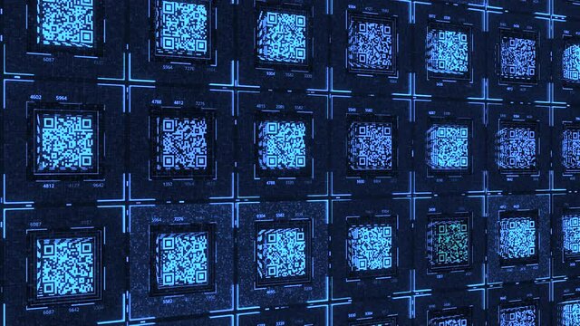 Background with Qr Code. Animation. Electronic background with multiple Qr codes on black background. Panel in electronic space with Qr codes