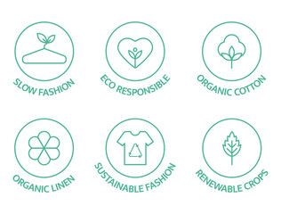 Sustainable fashion line icon set. Eco viscose product logo. Slow fashion badge. Organic cotton, natural dyes, renewable crop label. Fair trade. Conscious development. Vector illustration