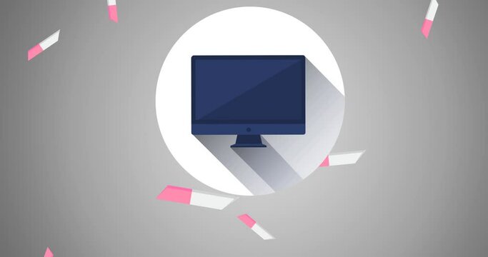 Animation of falling pink and white erasers and black computer screen in white circle on grey