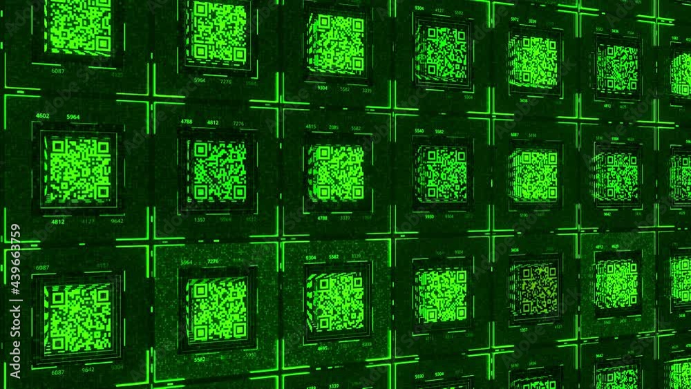 Aufkleber database with qr codes. animation. electronic space with lots of green qr codes. qr codes with infor