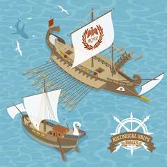 Historical Roman sail ships vector illustration in isometric perspective - obrazy, fototapety, plakaty