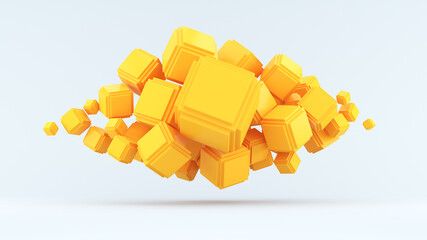 Abstraction for the background. Many cups with a frame are falling on a yellow background. 3d render.