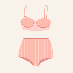  women's underwears and swimsuits of different styles, cuts, colors, sizes. Women's clothing store. Vector flat illustration in cartoon style.