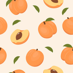Juicy apricots on a light background. Seamless fruit pattern. Suitable for background, printing on fabric, wallpaper, wrapping paper, phone case. Vector illustration