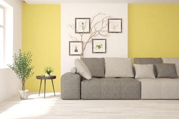 Yellow living room with grey sofa. Scandinavian interior design. 3D illustration