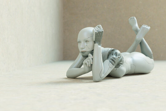 Futuristic female cyborg lying comfortably on floor with hels in the air and head in hand