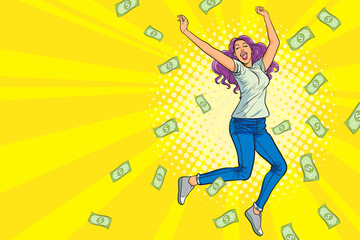 woman jumping happy surprised with Falling Down Money