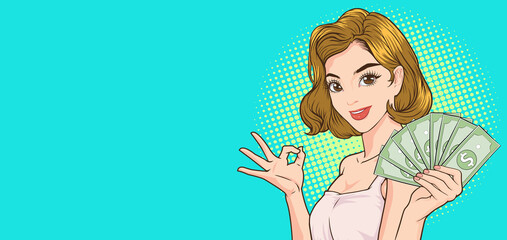 woman okay gesture showing money and copy space for banner
