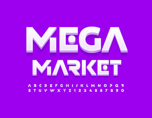 Vector modern emblem Mega Market. White techno Font. Cosmic style Alphabet Letters and Numbers