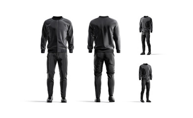 Blank black sport tracksuit mockup, different views