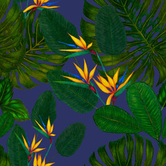 Fototapeta na wymiar Beautiful seamless pattern with tropical leaves and flowers drawn with colored pencils. Retro bright summer background. Jungle foliage illustration. Swimwear botanical design. Vintage exotic print. 